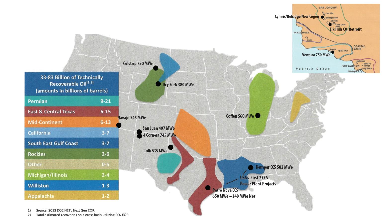US map showing locations of recoverable oil