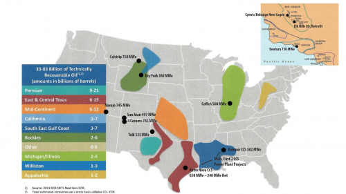 US map showing locations of recoverable oil