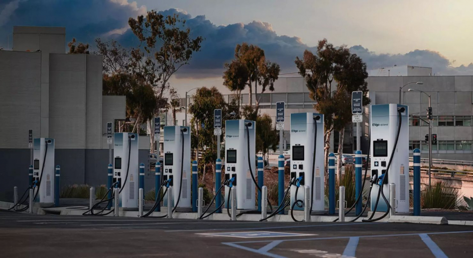 a row of ev charging stations