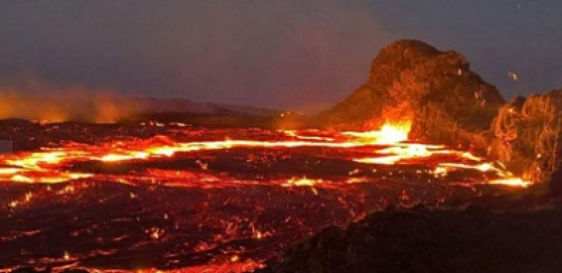 lava flowing lava into a volcano
